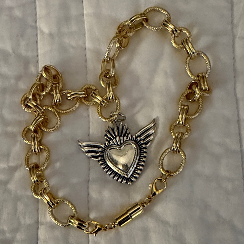 Gold and Silver chunky Heart Pendant Necklace - Picture 3 of 8